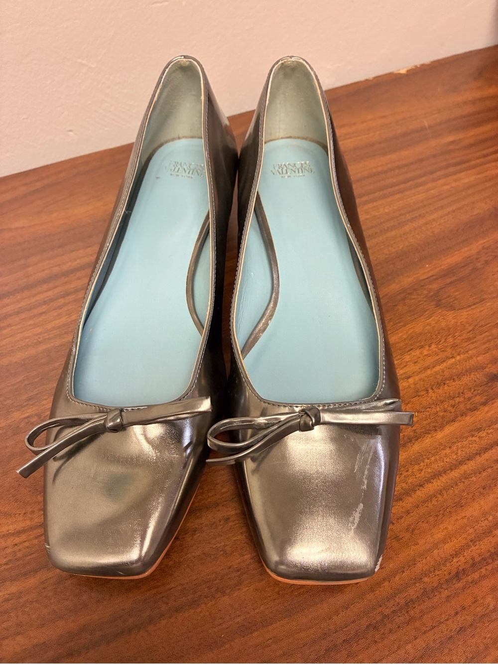 Frances Valentine-Vegan Metallic Leather Silver Square-Toe Ballet Flats with Bow